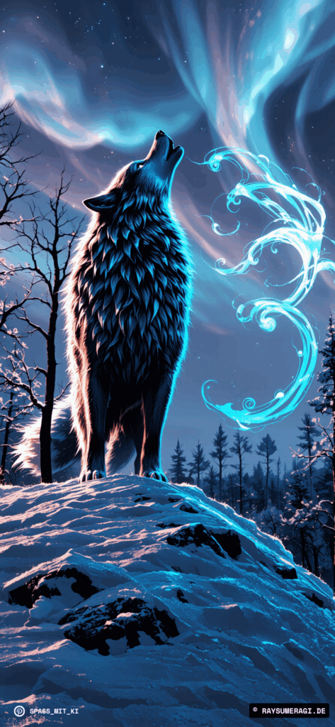Wolf heult unter tanzendem Nordlicht in verschneiter Landschaft